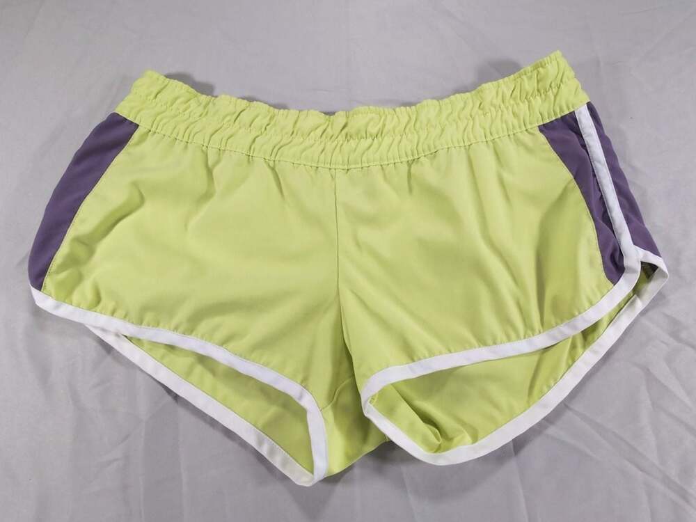 Nike Women's Neon Green and Purple Color Block Running Shorts, Size XL